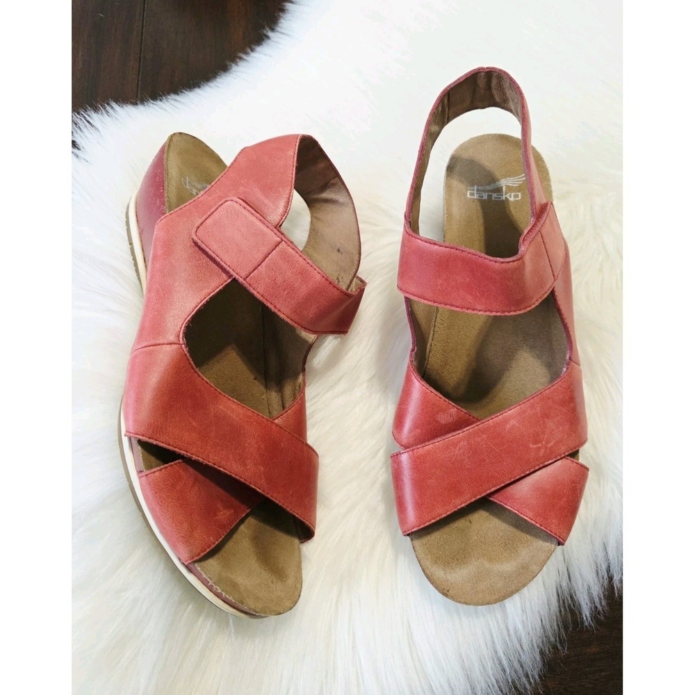 Dansko Open Toe Low Wedge Sandals Red Leather Women's Size 40 US Size 9.5-10